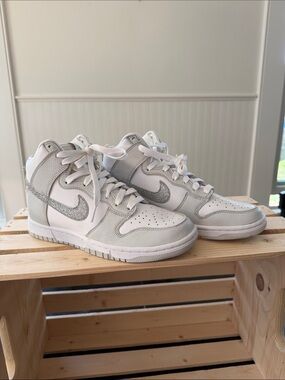 Nike Dunk White/Gray High-Top Sneaker with Silver sparkle swoosh